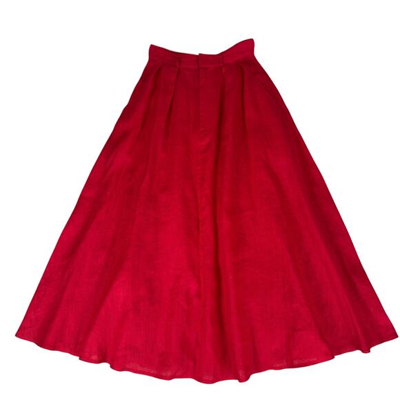 Vintage 80s Ralph Lauren Blue Label Women 100% Linen Skirt Sz 4 Full Red Pleated - Picture 1 of 4